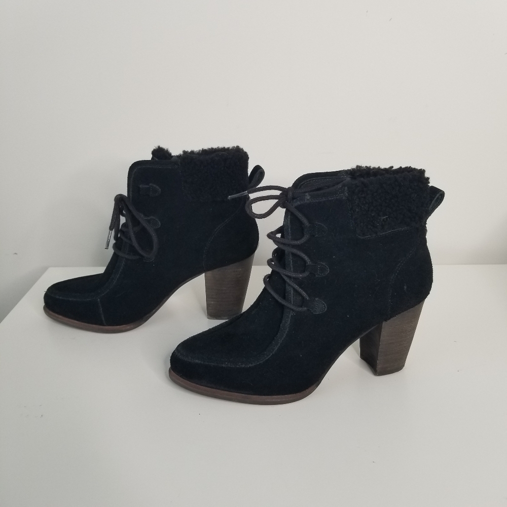 UGG Black Suede Analise High Heel Lace Up Ankle Boots Size 9 - Picture 9 of 11